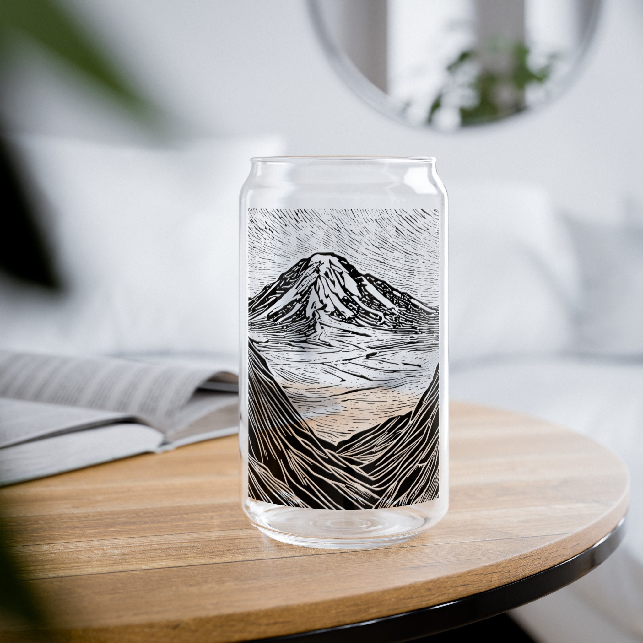 Mount Rainier Printed Beer Can Glass from a Hand Carved Linocut for PNW Home Decor and Natural Kitchens | Seattle Tahoma Mountain Gifts