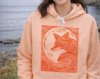 Fox in the Moonlight Unisex Hooded Sweatshirt with an Orange Print from a Hand-carved Linocut Block Print Design | Cute Nature Hoodies