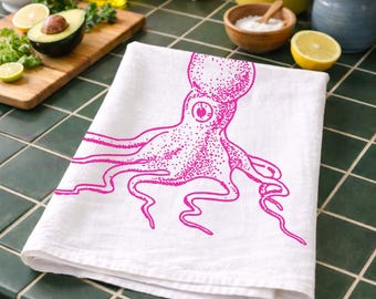 Octopus Tea Towel Hand Screen Printed with Ecofriendly Ink on a 100% Organic Cotton Kitchen Towel for Natural Kitchens and Ocean Lovers