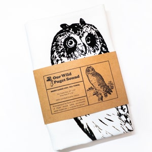 Short-eared Owl Tea Towel Hand Printed with Sustainable Ink on Organic Cotton Flour Sack Kitchen Towel for Woodland Forest Cabin Kitchens