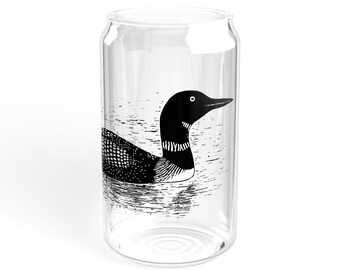 Common Loon Beer Can Glass-Shaped Glass for Bird Lovers, Forestcore Kitchens, Lake Homes, Cabins and Birdwatching With or Without Bamboo Lid