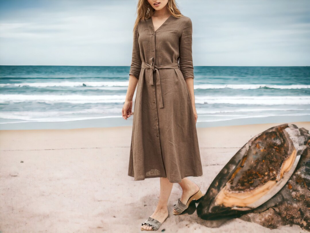 Button Front Linen Dress Maxi Washed Linen Summer Dress Etsy