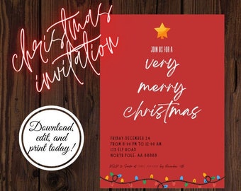May include: A red Christmas invitation with a gold star and white text that reads "Join us for a very merry Christmas". The invitation includes the date and time of the event, the address, and a RSVP number. The bottom of the invitation features a string of colorful Christmas lights.