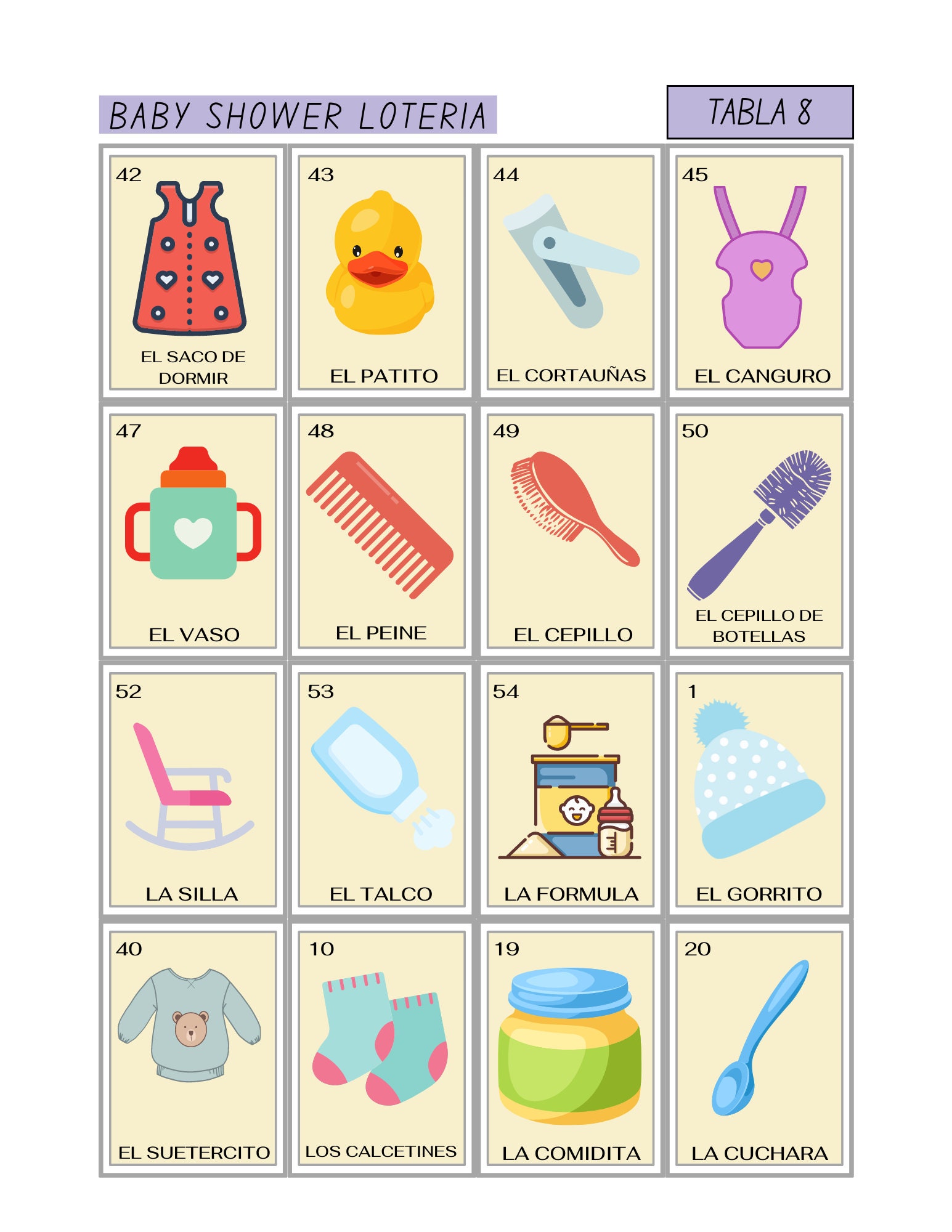 Baby Shower Loteria Fiesta Mexican Bingo Game in Spanish - for Up tp 10 Players