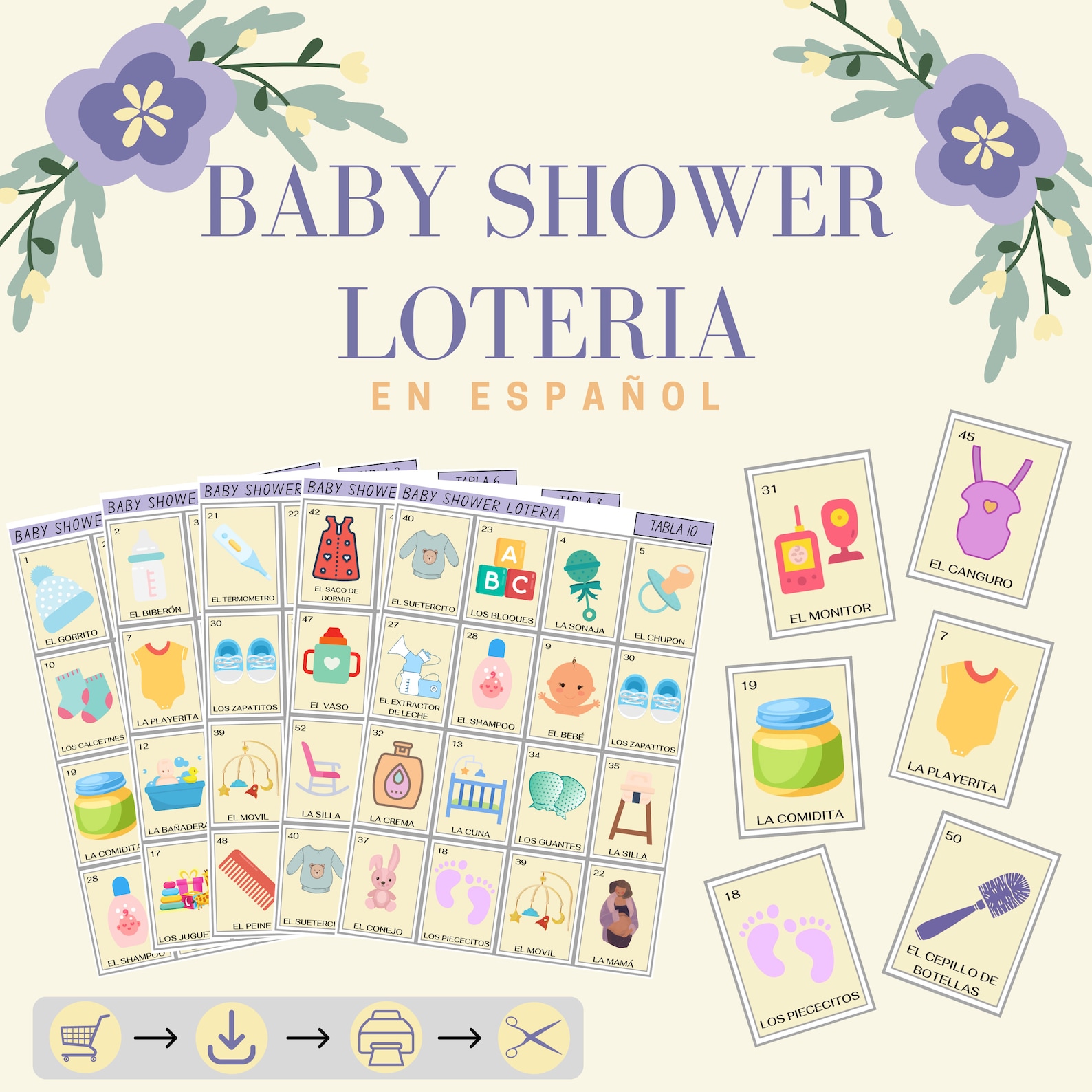 Lotería de Baby Shower en Español. 54 Tarjetas, con 10 Tablas ...
