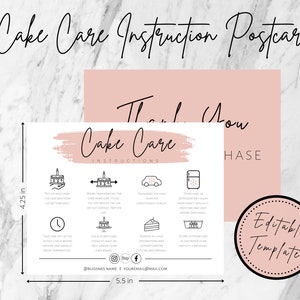 May include: A pink and white printable cake care instruction postcard template with a pink background and black text. The postcard includes instructions for transporting, storing, and serving a cake. The text includes "Cake Care Instructions" and "Editable Template".