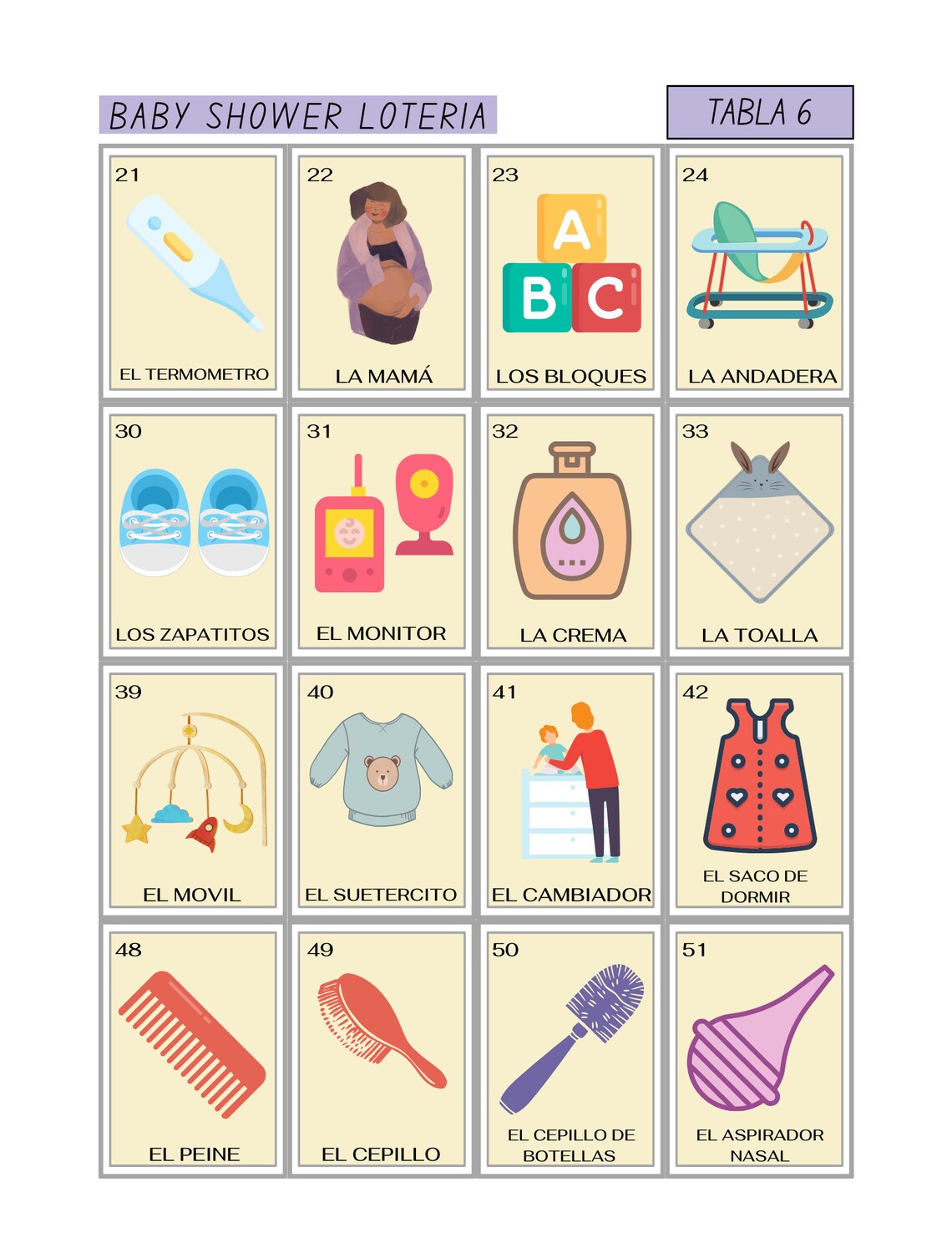 Lotería de Baby Shower en Español. 54 Tarjetas, con 10 Tablas