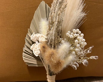 Beige Rustic Wedding Bridesmaid small floral pampas dried flower Bouquet,  Boho Flower girl mini fan bouquet.