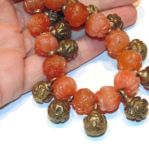Authentic Vintage Tibetan Nepalese Large Carved Carnelian Rose Flora Beads Long Tribal Necklace Jewelry 30&quot; Long