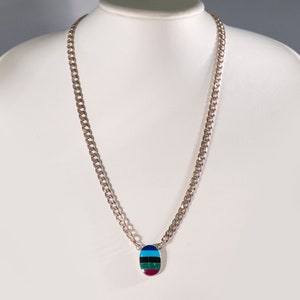 Vintage Estate Chain Sterling Silver Mexico Unisex 24&quot; Lapis Turquoise Onyx Malachite Pendant Necklace 925 Jewelry Birthday Gift For Her Him