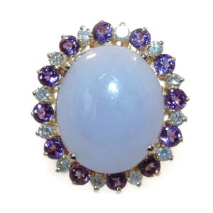 Vintage Estate Lavender Jade Statement Ring in 14k Yellow Gold w/ Amethyst Diamond Halo US Size 7.5 Jewelry Birthday Gift For Her