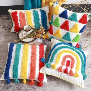 Rainbow Pillow Cover, Colorful Pillow Case, Pillow case with pompom, Boho embroidered pillow case, 45x45cm Cushion, Kissen, Boho, Gift