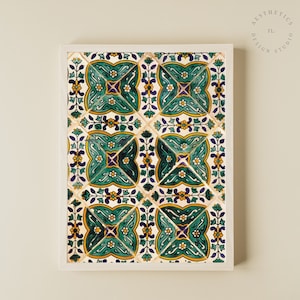 Puede incluir: Una impresión enmarcada de un patrón repetitivo de azulejos verdes, amarillos y azules con un diseño floral.