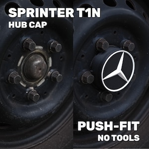 May include: Black hub cap with a white Mercedes-Benz logo on a black wheel. The text "SPRINTER T1N HUB CAP" is at the top, and "PUSH-FIT NO TOOLS" is at the bottom.