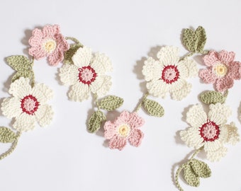 Crochet Flower Garland – White & Pink Wild Roses, Handmade Bunting