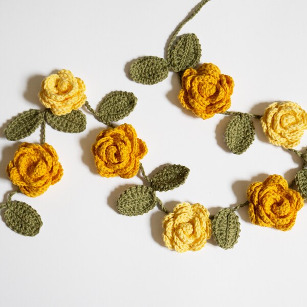 Crochet yellow rose flowers with leaves wall hanging bunting - nature decoration - Spring Summer garland - Easter/ Mother’s Day present gift