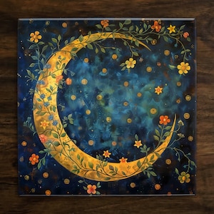 May include: A crescent moon with a gold outline is surrounded by a floral design on a dark blue background. The flowers are yellow, orange, and red.