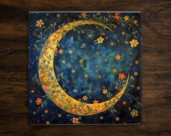 Moonlit Serenity, Art on a Glossy Ceramic Decorative Tile, Free Shipping to USA