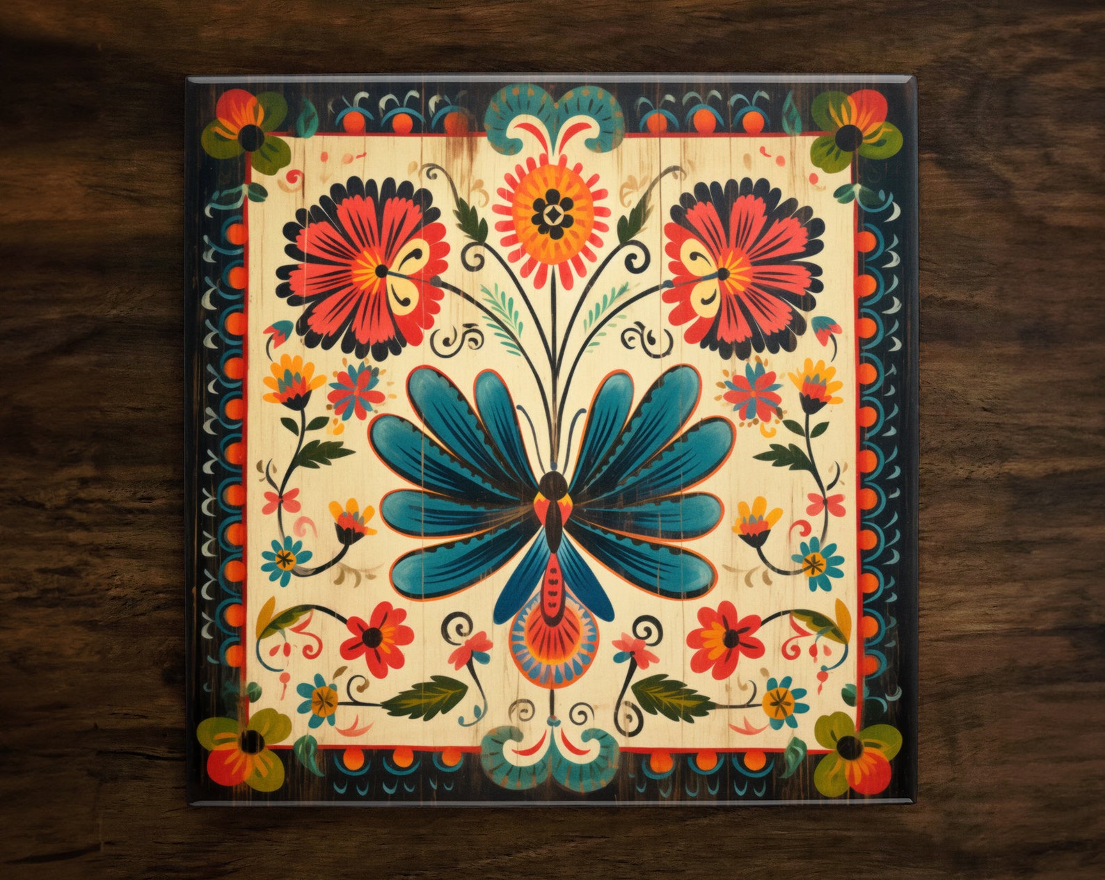 Folk Art Floral Ceramic Tile: Vintage Style Decorative Tile - Etsy