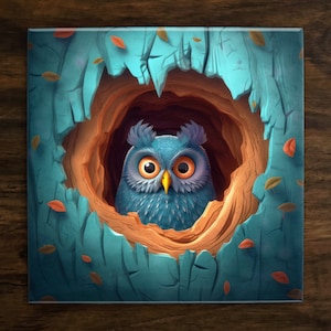 Cute Little Owl in his Tree Home Art, on a Glossy Ceramic Decorative Tile, Free Shipping to USA