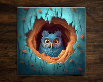 Owl in Tree Home Ceramic Tile Art, Decorative Tile