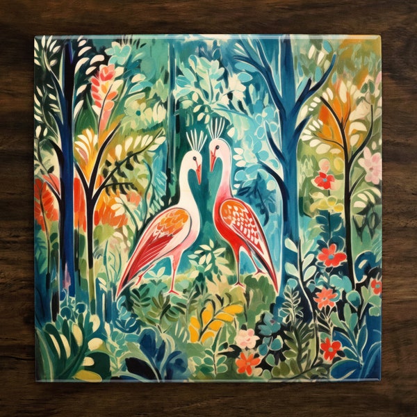 Tropical Lovebirds, Art on a Glossy Ceramic Decorative Tile, Free Shipping to USA