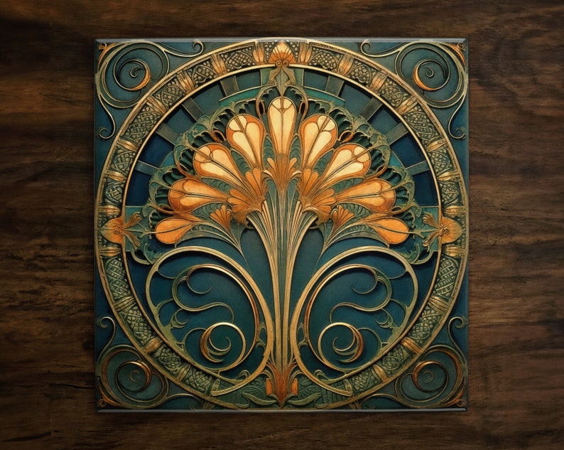 K&ouml;nnte beinhalten: Eine dekorative Fliese mit einem stilisierten floralen Design in Gold-, Orange- und Gr&uuml;nt&ouml;nen. Das Design zeigt ein zentrales Motiv einer stilisierten Blume mit filigranen Details und einem kreisf&ouml;rmigen Rand.