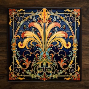 May include: A blue and gold ceramic tile with a decorative floral design. The tile features intricate details and a symmetrical pattern.