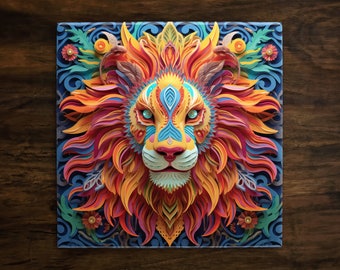 Colorful & Mighty Lion Art, on a Glossy Ceramic Decorative Tile, Free Shipping to USA