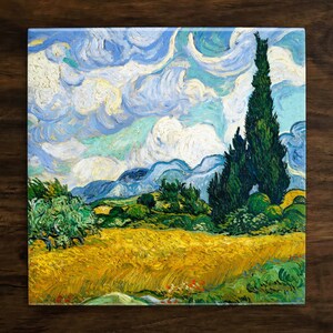May include: A painting of a field of wheat with a tall cypress tree in the background. The sky is blue with white clouds and the field is yellow with green grass. The painting is in the style of Vincent van Gogh.