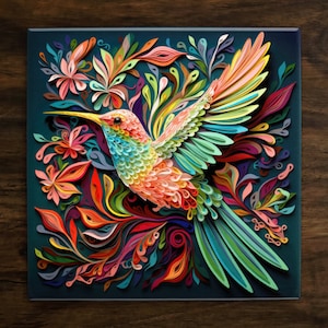 Beautifully Stylized Hummingbird Art, on a Glossy Ceramic Decorative Tile, Free Shipping to USA