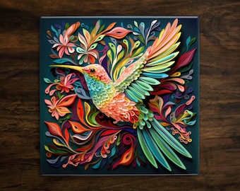 Beautifully Stylized Hummingbird Art, on a Glossy Ceramic Decorative Tile, Free Shipping to USA