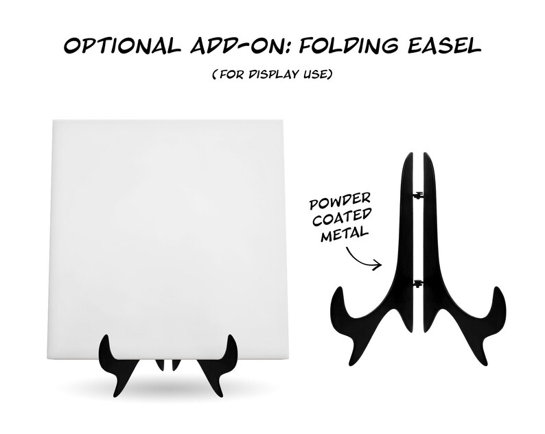 Puede incluir: Un lienzo blanco con un caballete plegable negro. El caballete est&aacute; hecho de metal con recubrimiento en polvo. El texto "OPTIONAL ADD-ON: FOLDING EASEL (FOR DISPLAY USE)" est&aacute; en la parte superior de la imagen. El texto "POWDER COATED METAL" est&aacute; escrito junto al caballete.