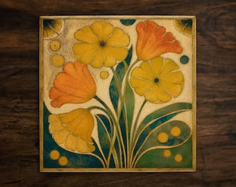Art Nouveau Floral Ceramic Tile - Yellow Orange Flower Glossy Decorative Accent Tile for Kitchen Backsplash, DIY Home Decor Gift by Tiley
