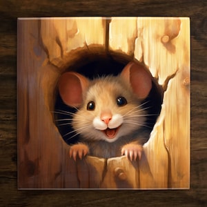 Charming Mouse Cubbyhole, Art on a Glossy Ceramic Decorative Tile, Free Shipping to USA