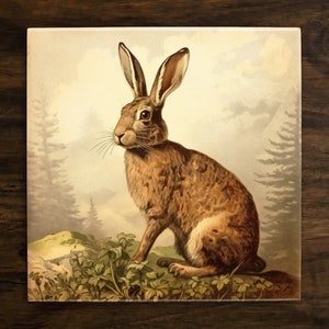 Vintage-Style Illustration | Rabbit (Hare) in Nature Art (#2), on a Glossy Ceramic Decorative Tile, Free Shipping to USA
