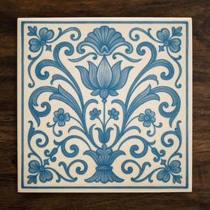 Delft Blue Dutch Style Design (#6), on a Glossy Ceramic Decorative Tile, Free Shipping to USA