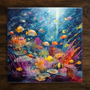 Ocean Fish Scene Art: Glossy Ceramic Decorative Tile