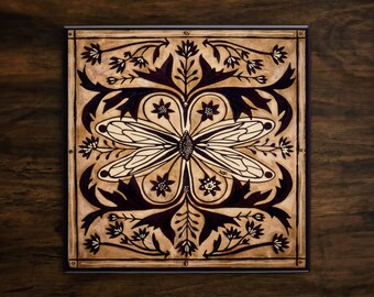 Floral Dragonfly Ceramic Tile: Nature Art Decor