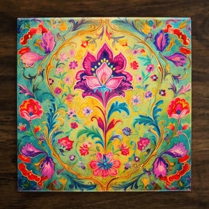 May include: A colorful floral design with a central pink flower surrounded by smaller flowers and intricate patterns on a green background.