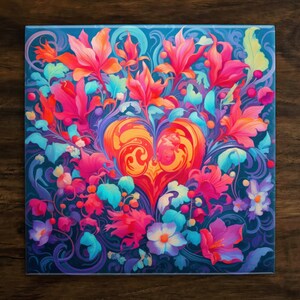 Floral Hearts | Peace Love Joy Art (#2), on a Glossy Ceramic Decorative Tile, Free Shipping to USA