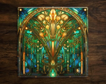 May include: A stained glass window design featuring a green, blue and gold colour scheme. The design incorporates a stylised floral motif with a central stem and leaves.