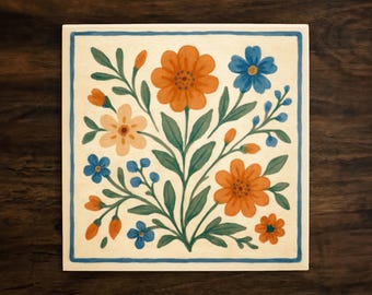 Floral Botanical Art Tile: Glossy Ceramic Decorative Tile, Handmade in California