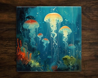 May include: A digital painting of five jellyfish in a blue ocean. The jellyfish are various shades of pink and orange with long, flowing tentacles. The background is a dark blue with hints of green and white.