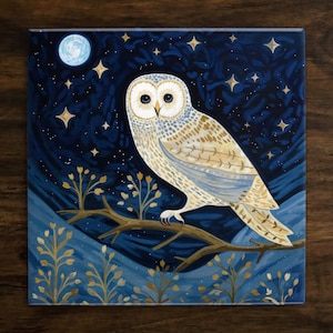 May include: Square artwork featuring a white owl perched on a branch, set against a dark blue night sky filled with stars and a full moon. The owl has detailed feather patterns in shades of cream and tan. The artwork has a whimsical, illustrative style.