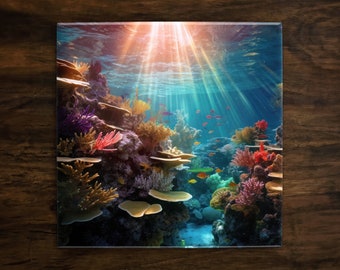 Ocean Coral Reef Glossy Ceramic Tile: Coastal Decor Art