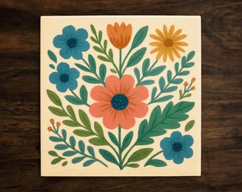 Floral Ceramic Art Tile: Botanical Garden Decor, Handmade in California