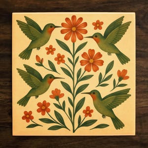 Folk Art Botanical Hummingbirds, on a Glossy Ceramic Decorative Tile, Free Shipping to USA