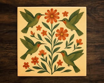 Azulejo de cerámica de colibrí de arte popular: decoración botánica