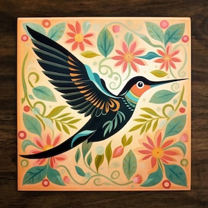 Lovely Hummingbird Art, on a Glossy Ceramic Decorative Tile, Free Shipping to USA
